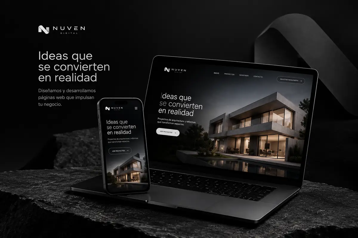 Una web de ejemplo vista en un portátil y en un móvil, con el logo de NuvenDigital